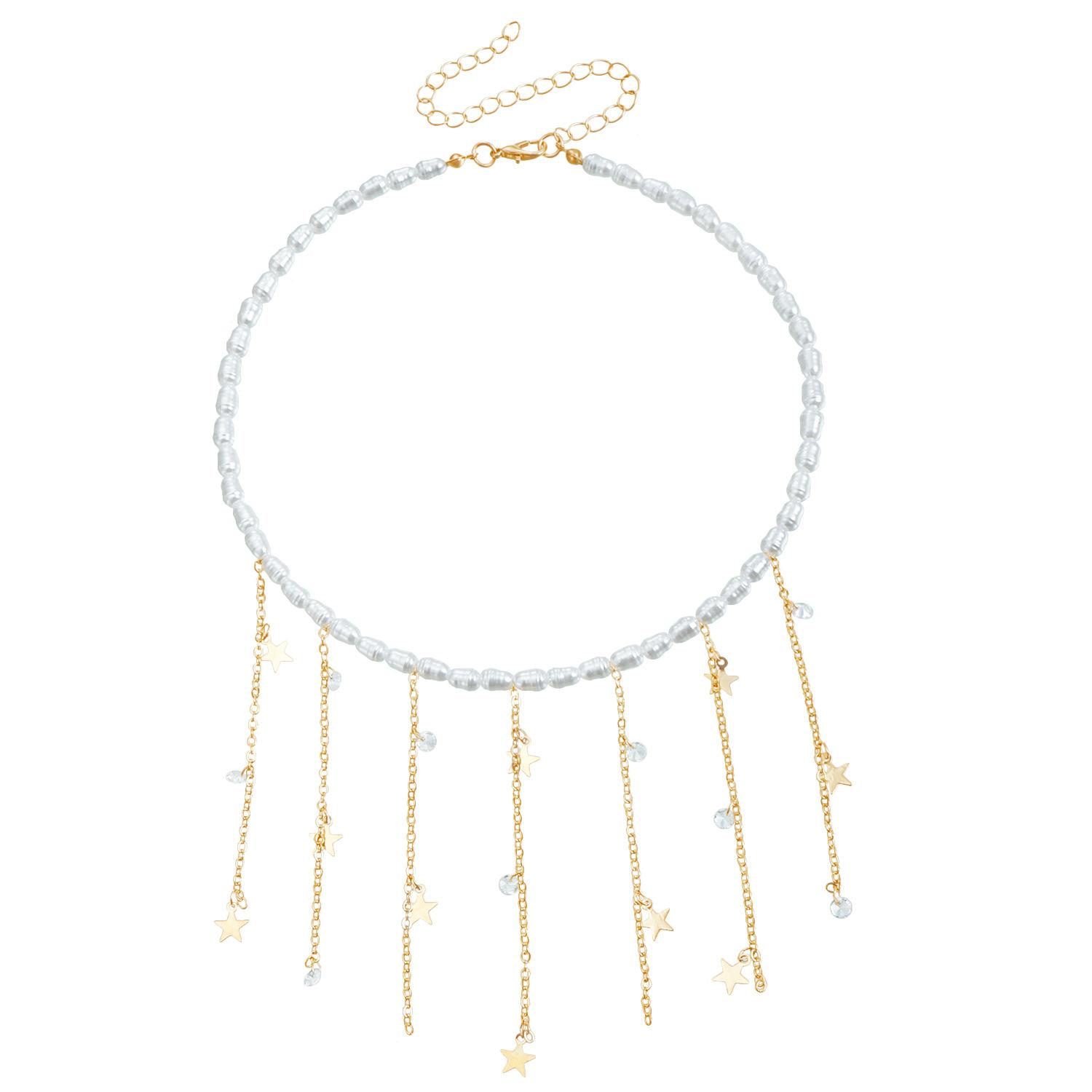 

Accessories Baroque Imitation Pearl Long Fringed Collarbone Chain Pentagram Love Necklace Female