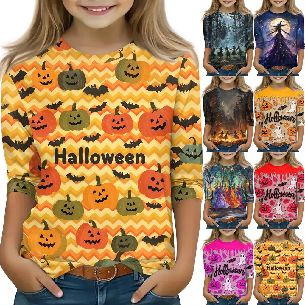 Children's 3/4 Sleeve Tops Casual Halloween Print T Shirt Round Neck Pullover Blouse