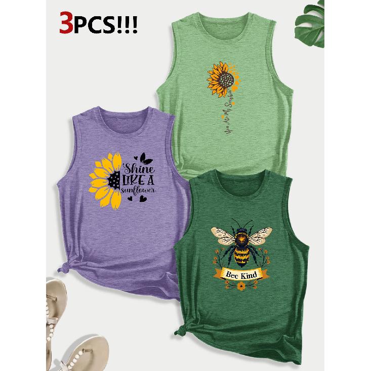 Sunflower and Bee Combination Gift Print Pattern Round Neck3Pack of Sleeveless Vests for Women In Spring, Summer, and Autumn