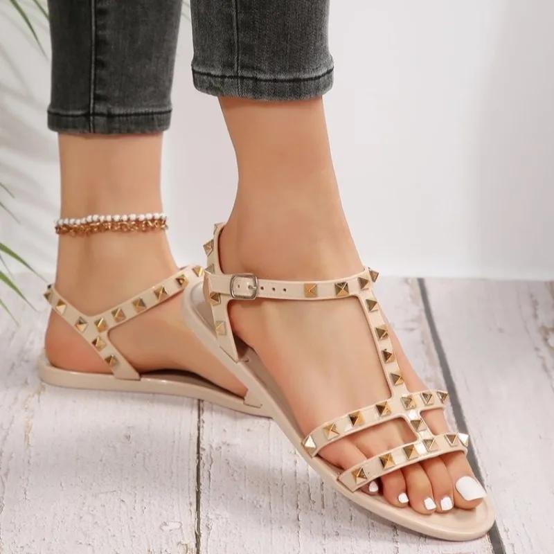

Fashion 2025 Fashion Ladies Shoes Open Toe Women s Sandals Summer Casual New Rivet Best Seller Comfortable Flat Sandals Zapatos Mujer 41 абрикосовый
