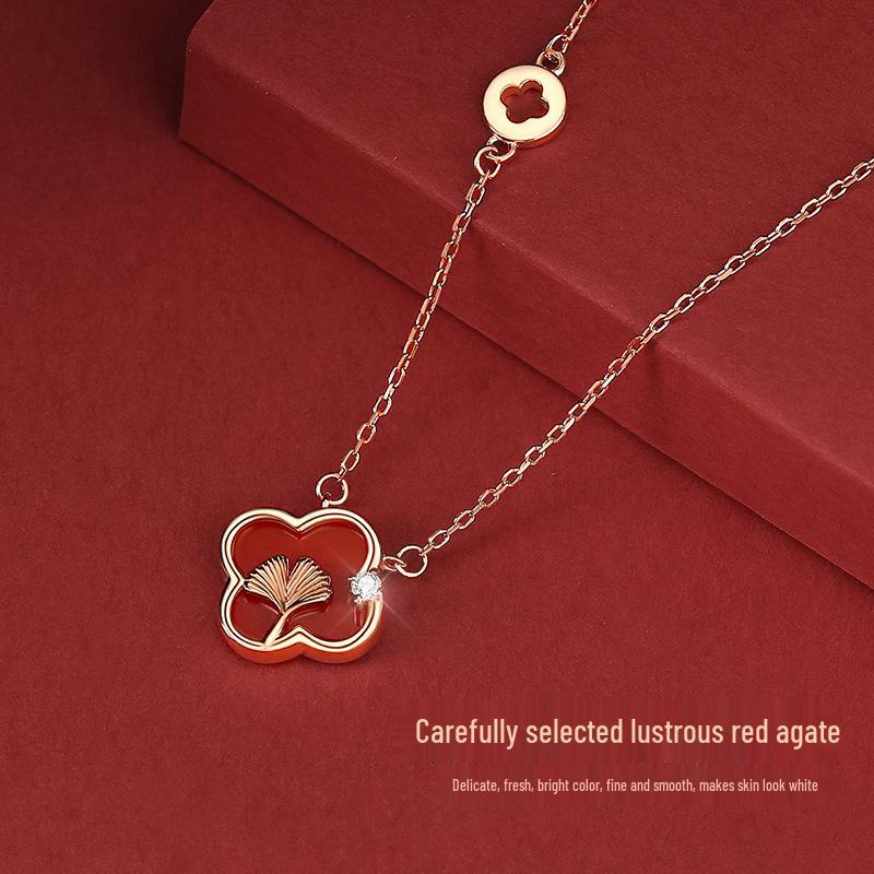 Tichya Four-Leaf Clover Necklace In Sterling Silver with Rose Gold and Red Agate Pendant for Women.