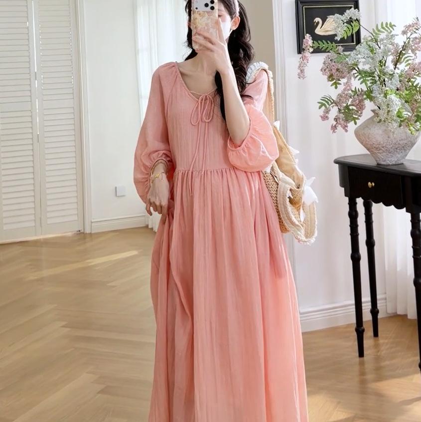 2026 Summer Artistic French V-Neck Tie-Up Maternity Dress - Lazy Style L