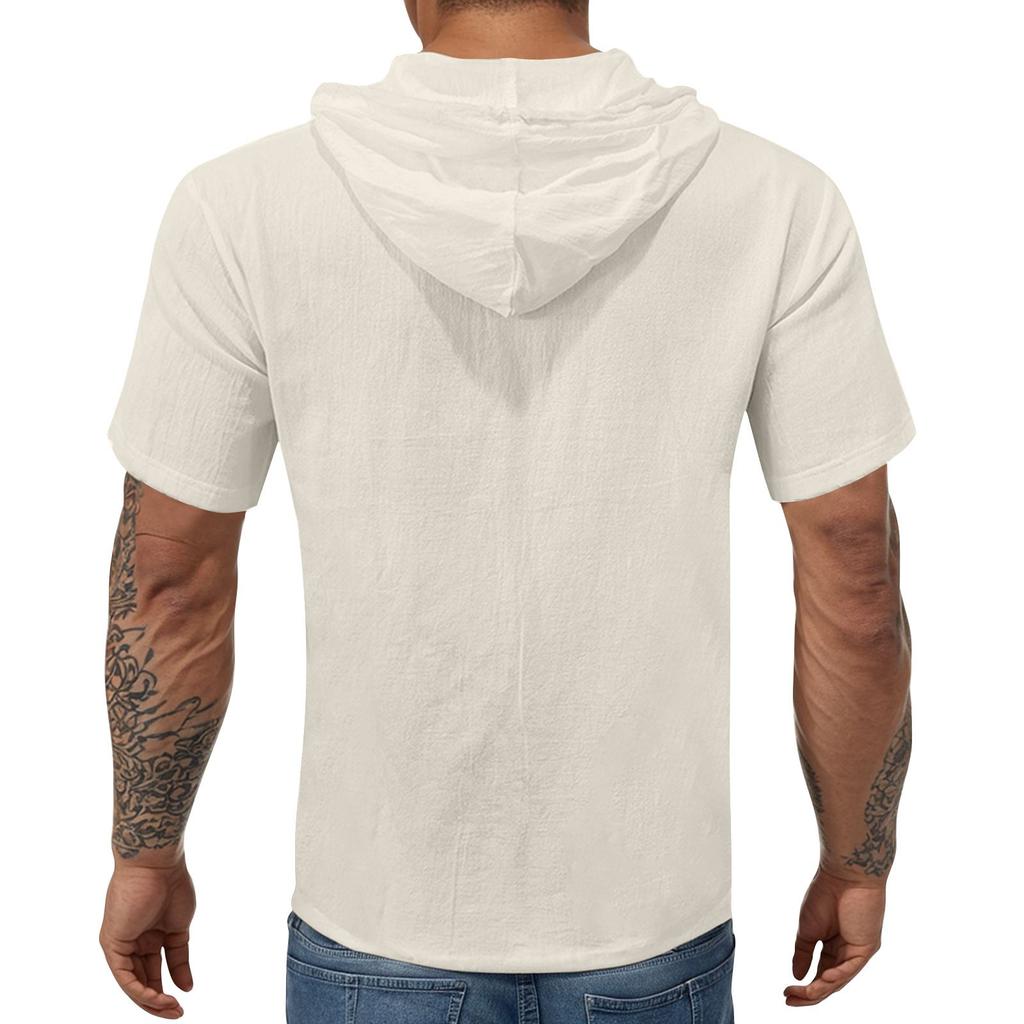 Men'S Casual Short Sleeved Hooded Top Buttoned Open Neck T-Shirt