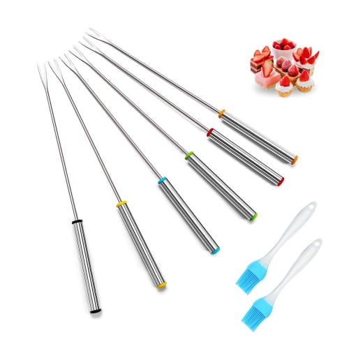 

Set of 6 Stainless Steel Fruit and Dessert Forks for Cheese, Fruit, Fondue, Roast, Marshmallows, and Meat, with 2 Silicone Brushes