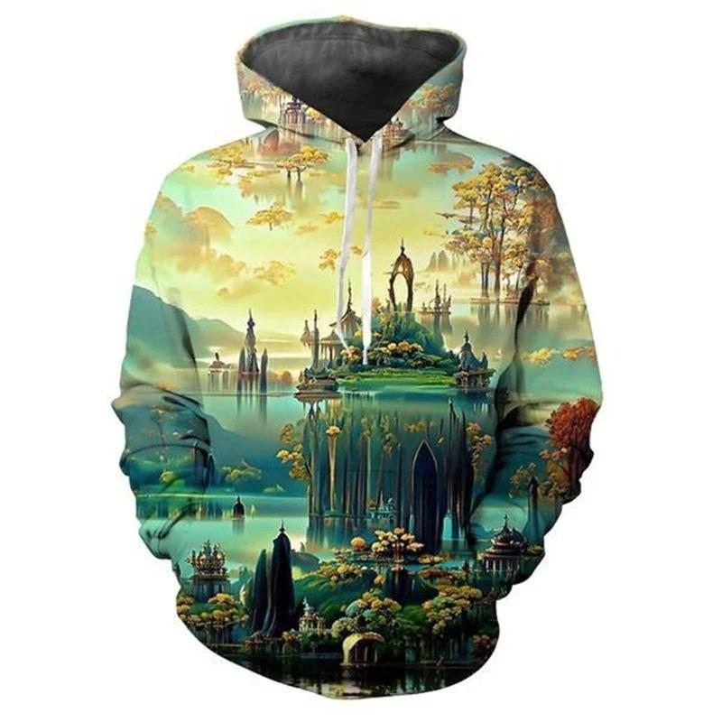Fantasy Zamek 3D Męskie Bluzy Odzież Ubrania z Kapturem Drukowana Bluza z Chmurami Męska Damska Bluzy Casualowa Zabawna Wciągana