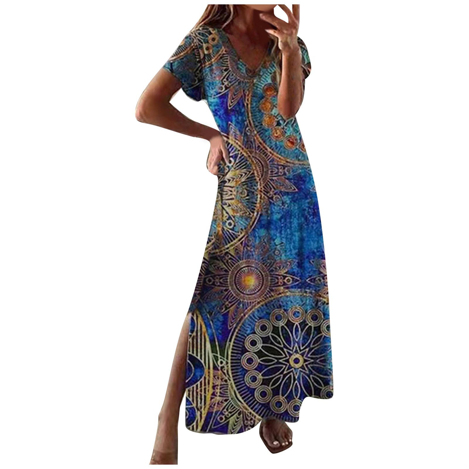 

(SU)Модное женское платье с V-образным вырезом и коротким рукавом с принтом, свободное повседневное платье с боковым разрезом