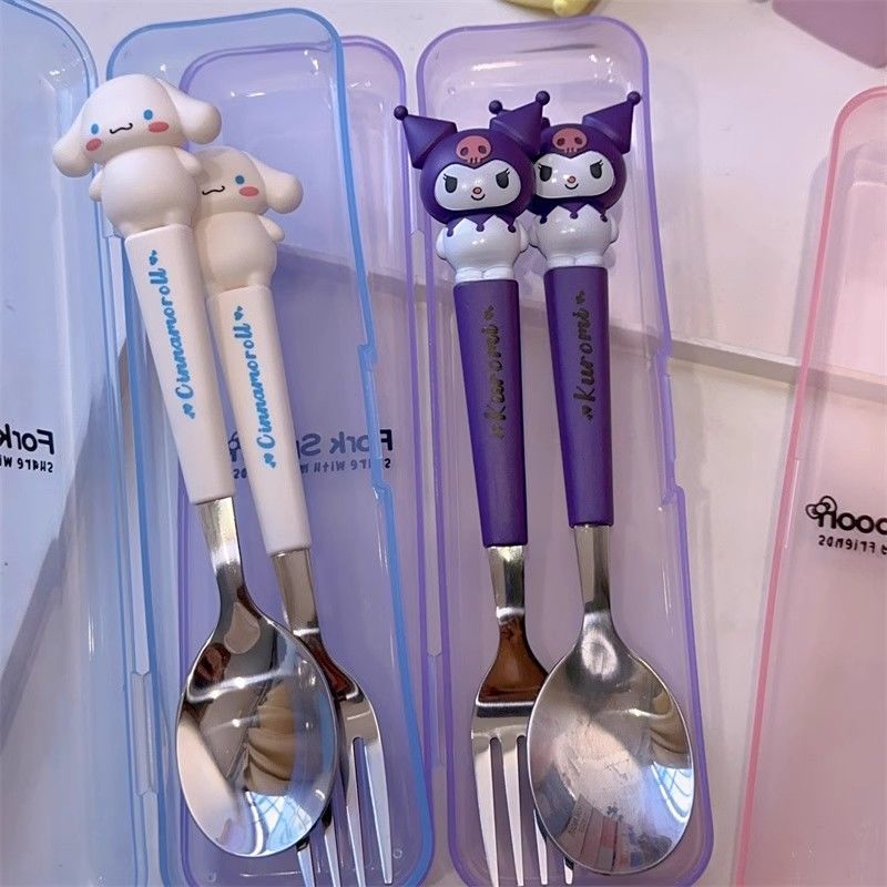 New Kuromi Kitty Cinnamoroll Spoon Fork 2 Pcs Kit Food-grade Steel Cartoon Cute Kid Tableware Kitchen Supplies Gift