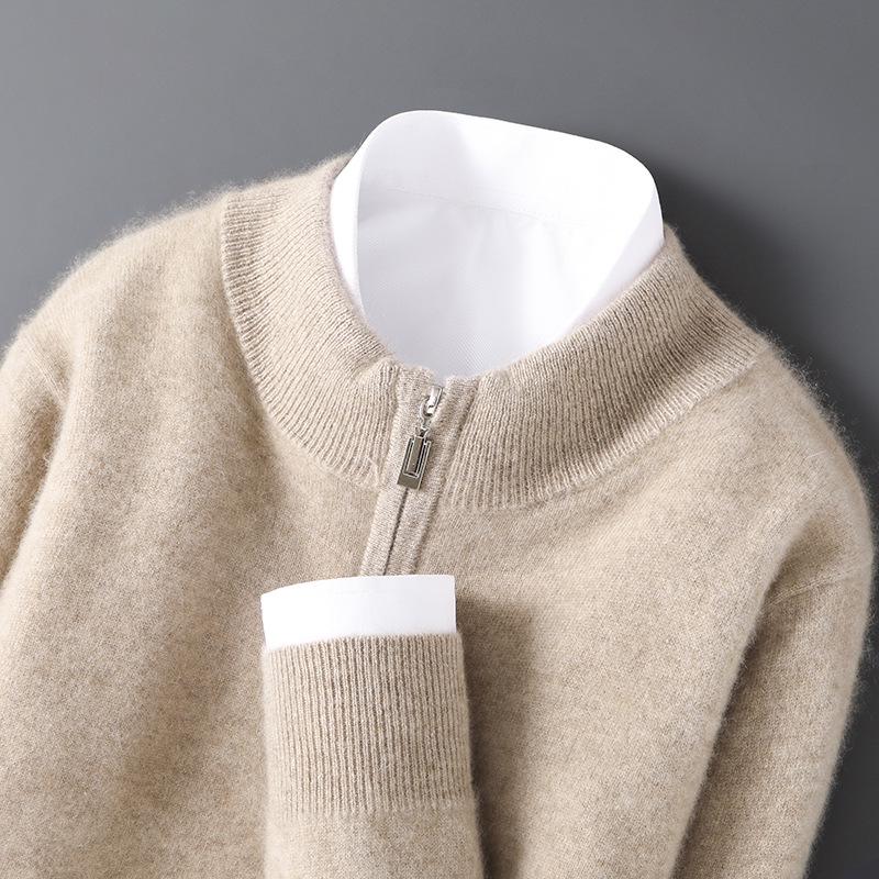Men's 12-Gauge Zipper Sweater with Half-High Collar - Versatile Knitwear for Autumn/Winter Commute