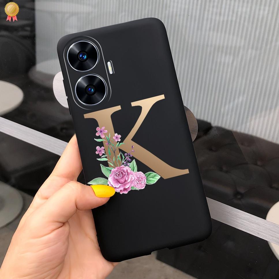 For Realme C55 C 55 6.72'' Case Delicate Cute Letters 3D Crown Flowers Matte Shockproof Soft TPU Silicone Phone Case Back Cover