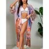 Boho Chic Pfauenmuster Strandkimono Cover-Up mit Gürtel - Langes, nicht dehnbares Wickelkleid aus Polyester für Damen