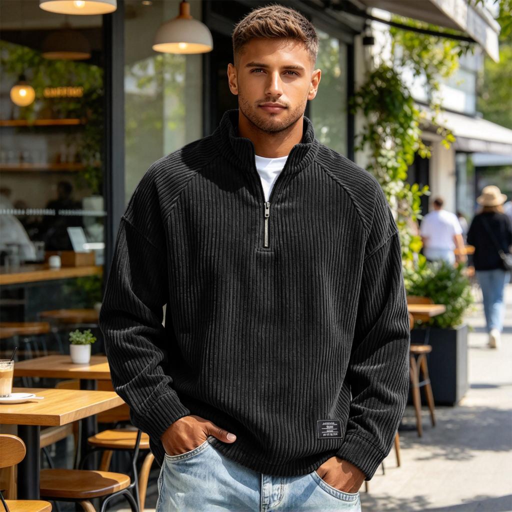 Men's Vintage Corduroy Zip-Up Sweatshirt with Raglan Sleeves Loose Fit