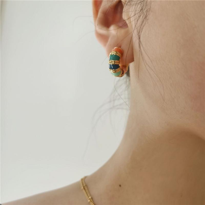 French Romantic Retro Enamel Round Gold Color Ear Buckle New Hoop Earrings For Womens Fashion Luxury Jewelry
