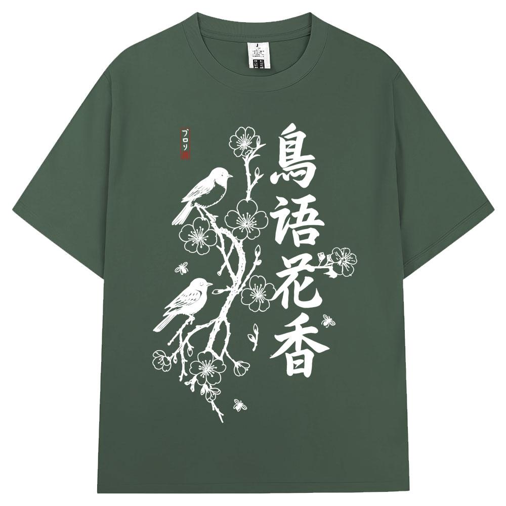 Japanese Style Bird on Sakura Cherry Blossom Print Tshirts Men Women Fashion Harajuku T Shirts Oversized Cotton Casual Tshirt