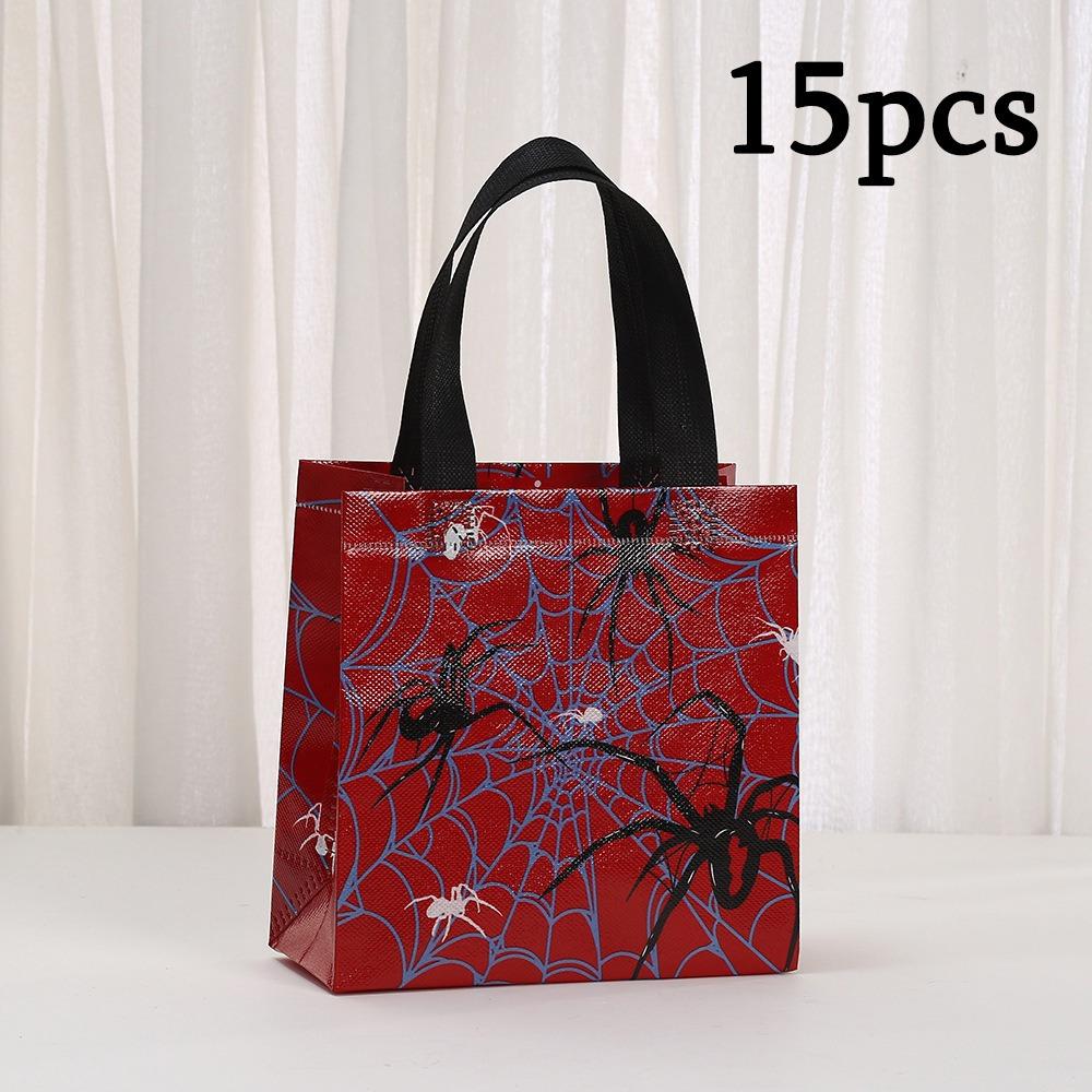 15pcs Spider Party Favor Bags Spider Web Goodie Bags Reusable Non-woven Bags Bulk with Handles for Halloween Party Supplies Spider Web Print Tote Bag