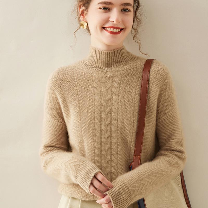 Women's Cashmere Semi-High Neck Long Sleeve Pullover - Solid Color, Casual, Loose, Thickened for Autumn/Winter.