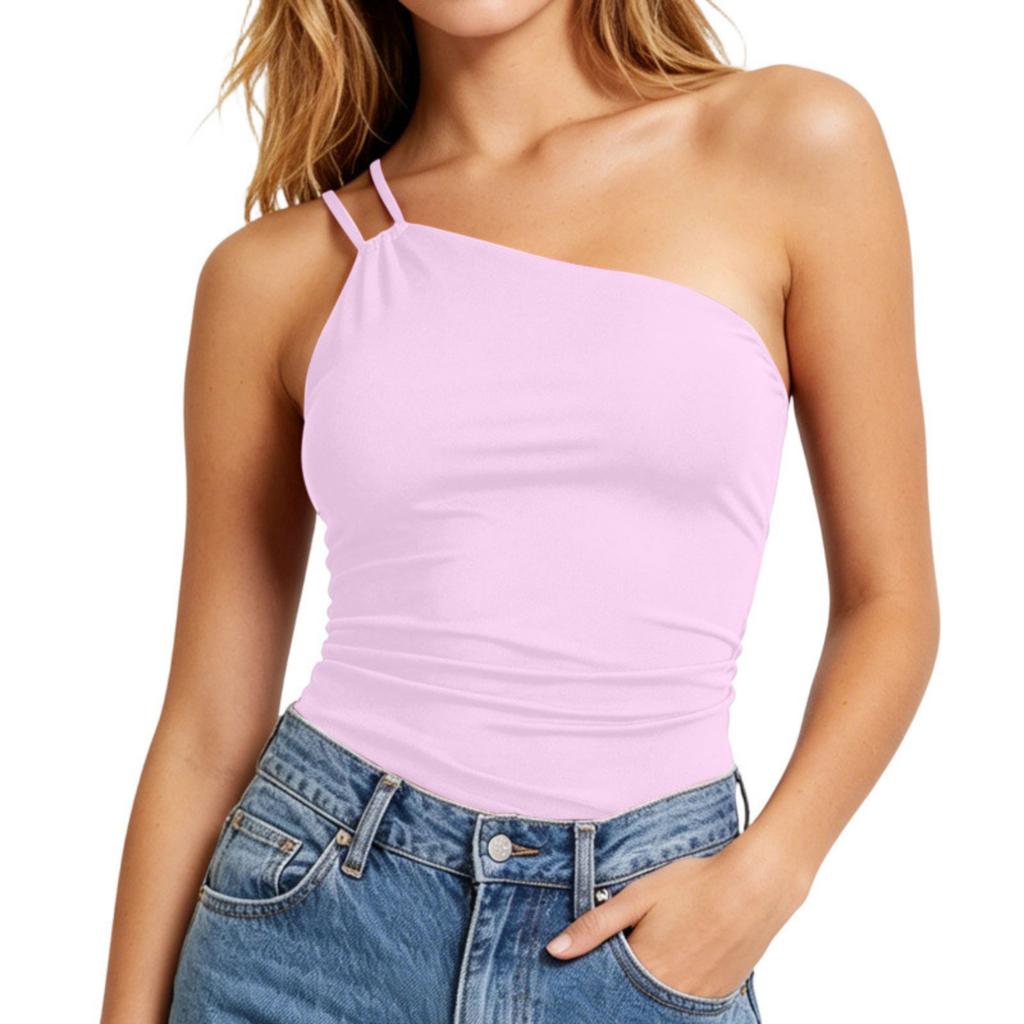 Women One Shoulder Sleeveless Tank Top with Built In Bra Pad Fitted Asymmetrical Strap Camisole for Casual or Daily Wear