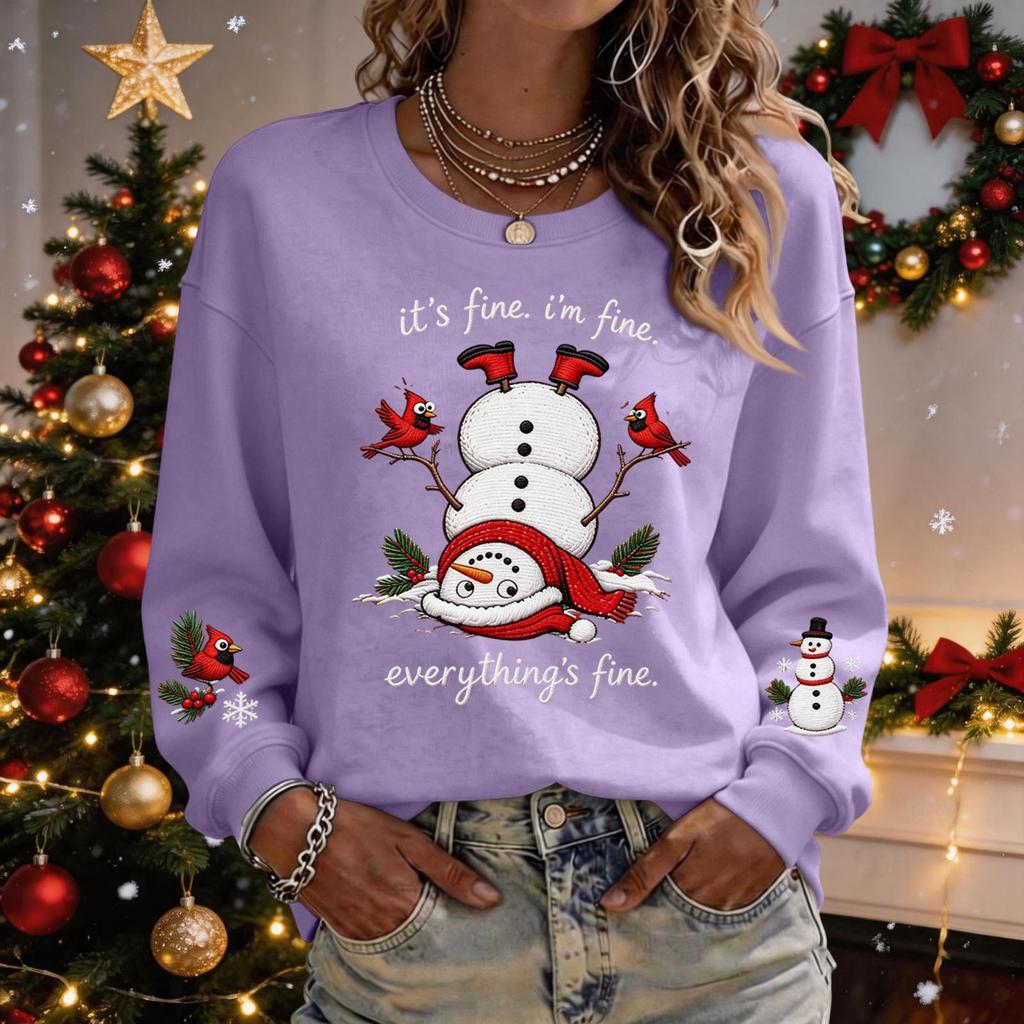 Women's Casual Christmas Print Long Sleeve Neck Pullover Top for Holiday Parties