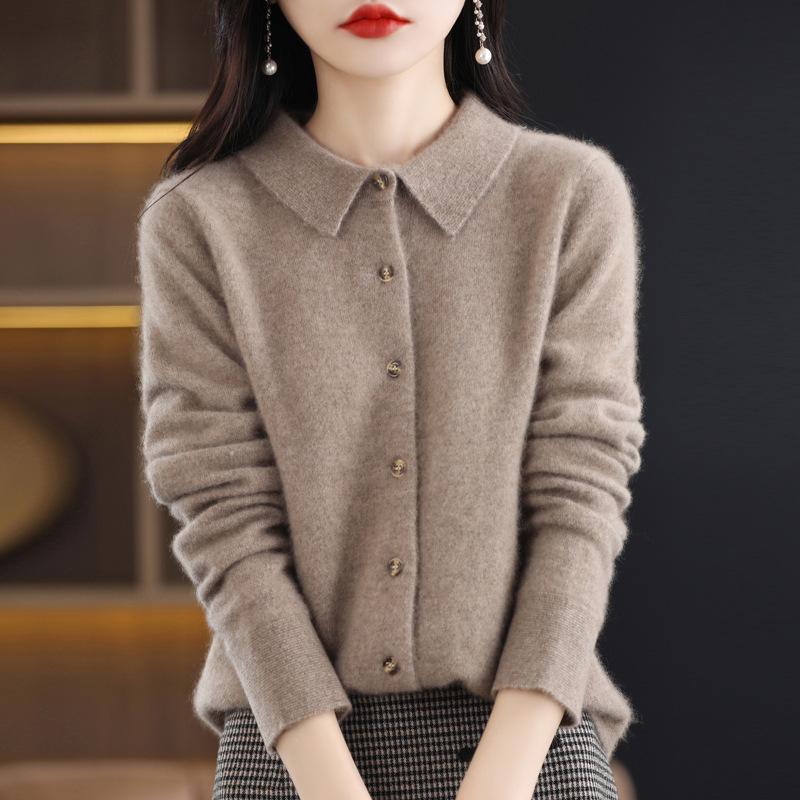 Women's Long Sleeve Pure Wool Knit Cardigan with Polo Collar - Autumn/Winter Edition