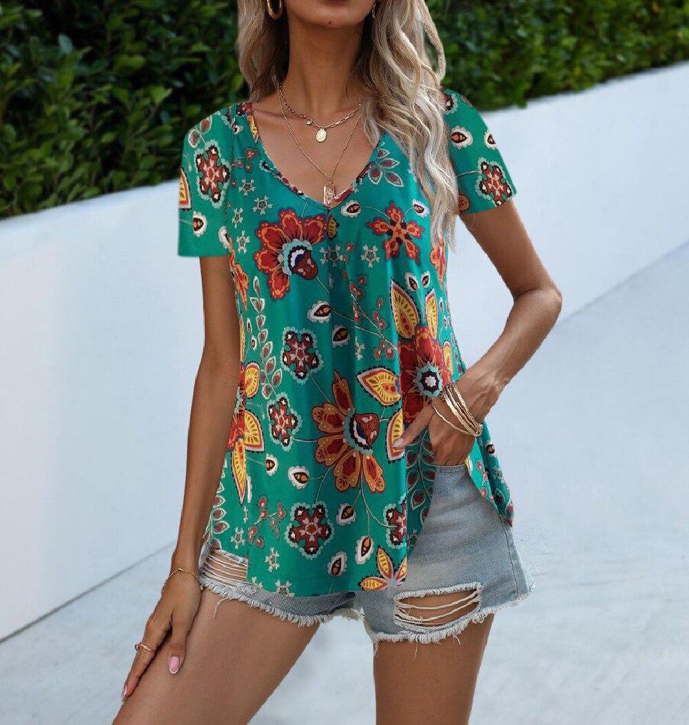 

2023 модная летняя женская блузка с коротким рукавом с v-образным вырезом, рубашки с цветочным принтом, свободные повседневные топы, элегантная женская одежда 25042 S зелёный