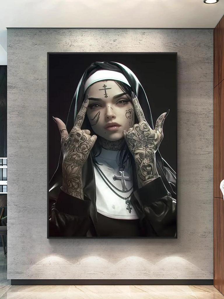 Sexy Tattoo Machine Gun Nun Poster Print Christian Smoking Nun Canvas Painting Living Room Background Wall Home Decoration