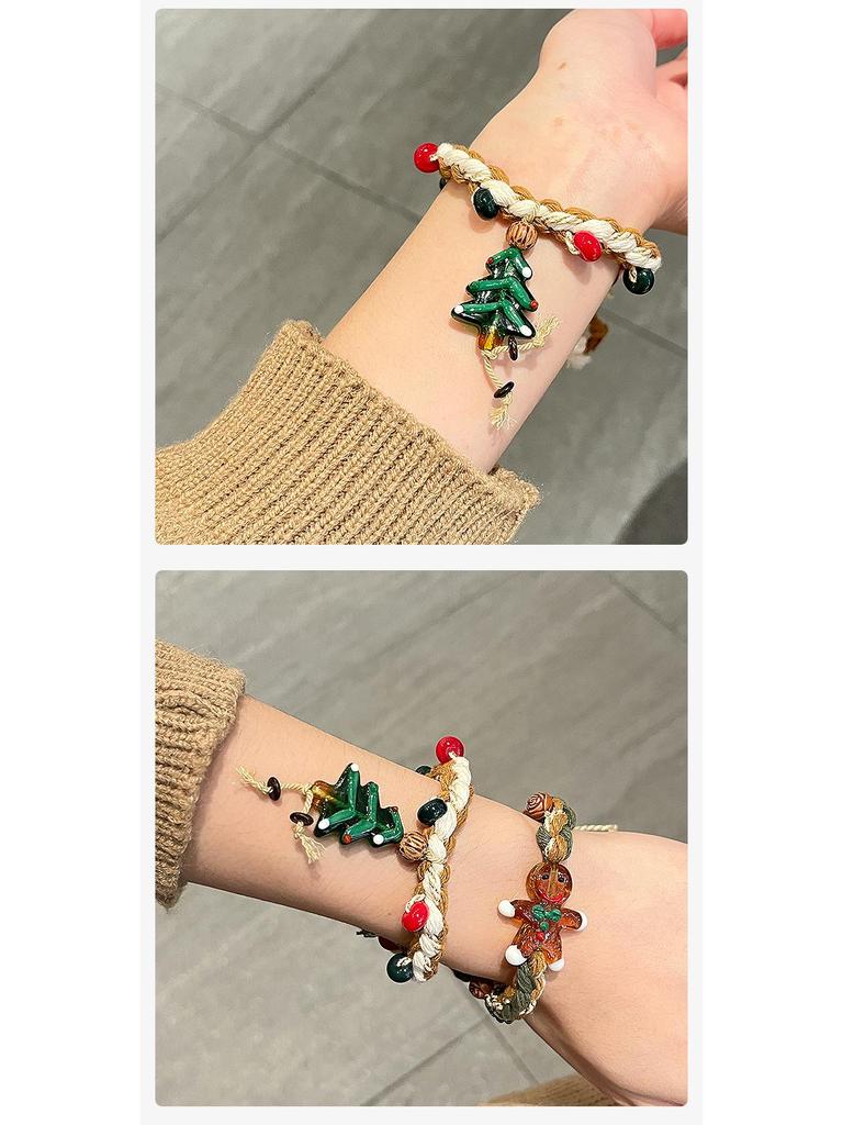 Gingerbread Man Christmas Tree Bracelet: Cute Cartoon Braided Rope for Girls - Retro & Versatile Hand Jewelry