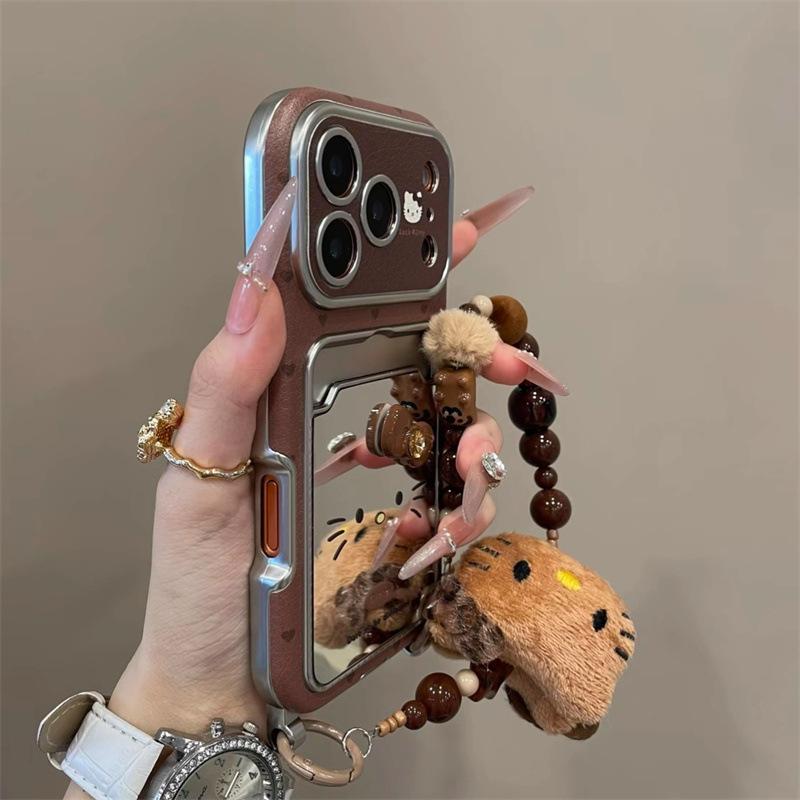

Brown Love KT Cat Suitable for iPhone17 Pro Mobile Phone Case Apple 16 Pro Makeup Mirror 15 Pro Card Pack 14p iPhone17