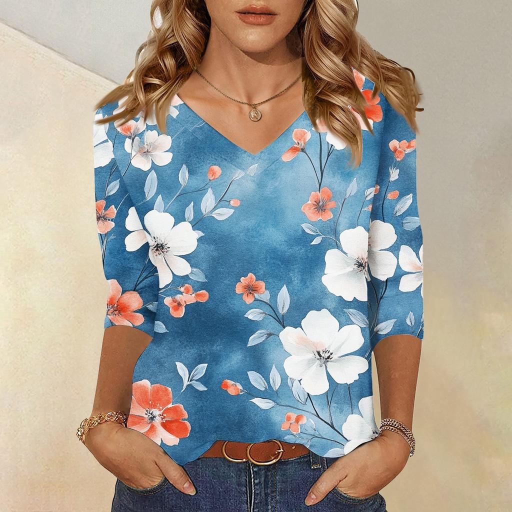 Women's Tops Three-quarter Sleeve Shirt V-neck Loose Casual Shirt Floral Printed T-shirt