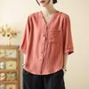 Summer Cotton Linen Lightweight Casual Shirt Set for Middle-Aged Women with Versatile Three-Quarter Sleeves