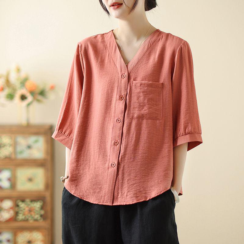 Summer Cotton Linen Lightweight Casual Shirt Set for Middle-Aged Women with Versatile Three-Quarter Sleeves