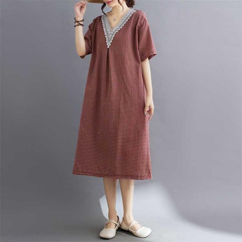 Summer Retro Cotton Linen Lace Cotton Linen Plaid Dress