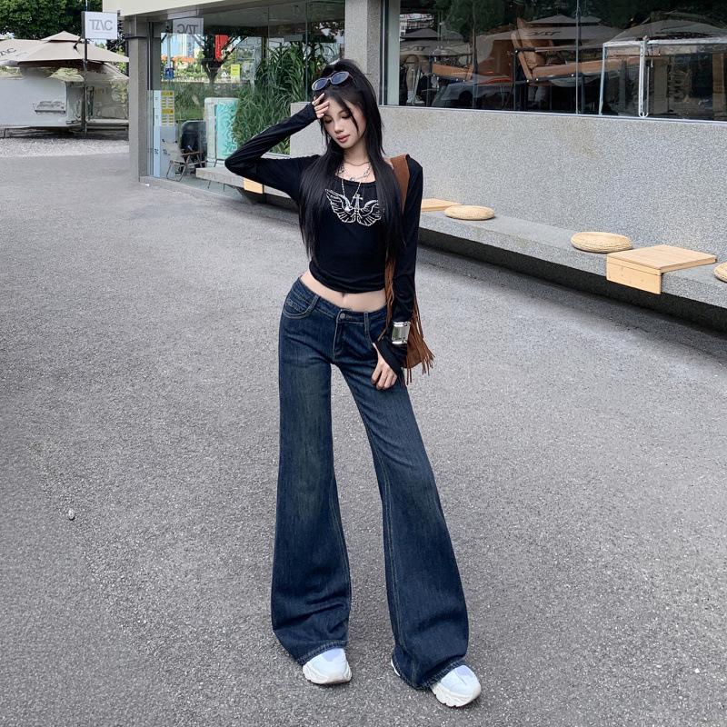 Women's Retro Blue and Gray Low-Waist Flared Jeans, Spring 2026 Collection - Stretch, Slimming, Lengthening Style