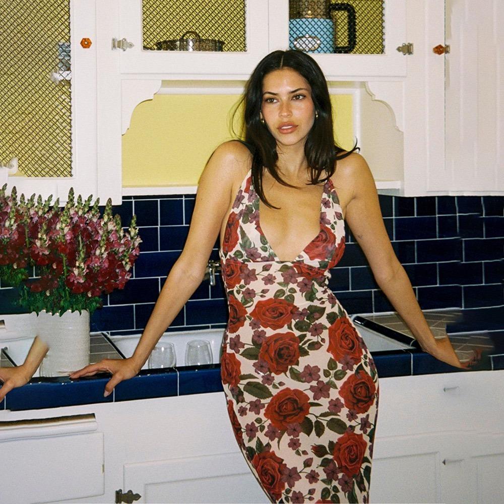 Spaghettiträger Rückenfreies Druckkleid Für Damen Mode Tiefer V-Ausschnitt Ärmellos Schnürung Bodycon Bedruckt Sexy Langes Kleid