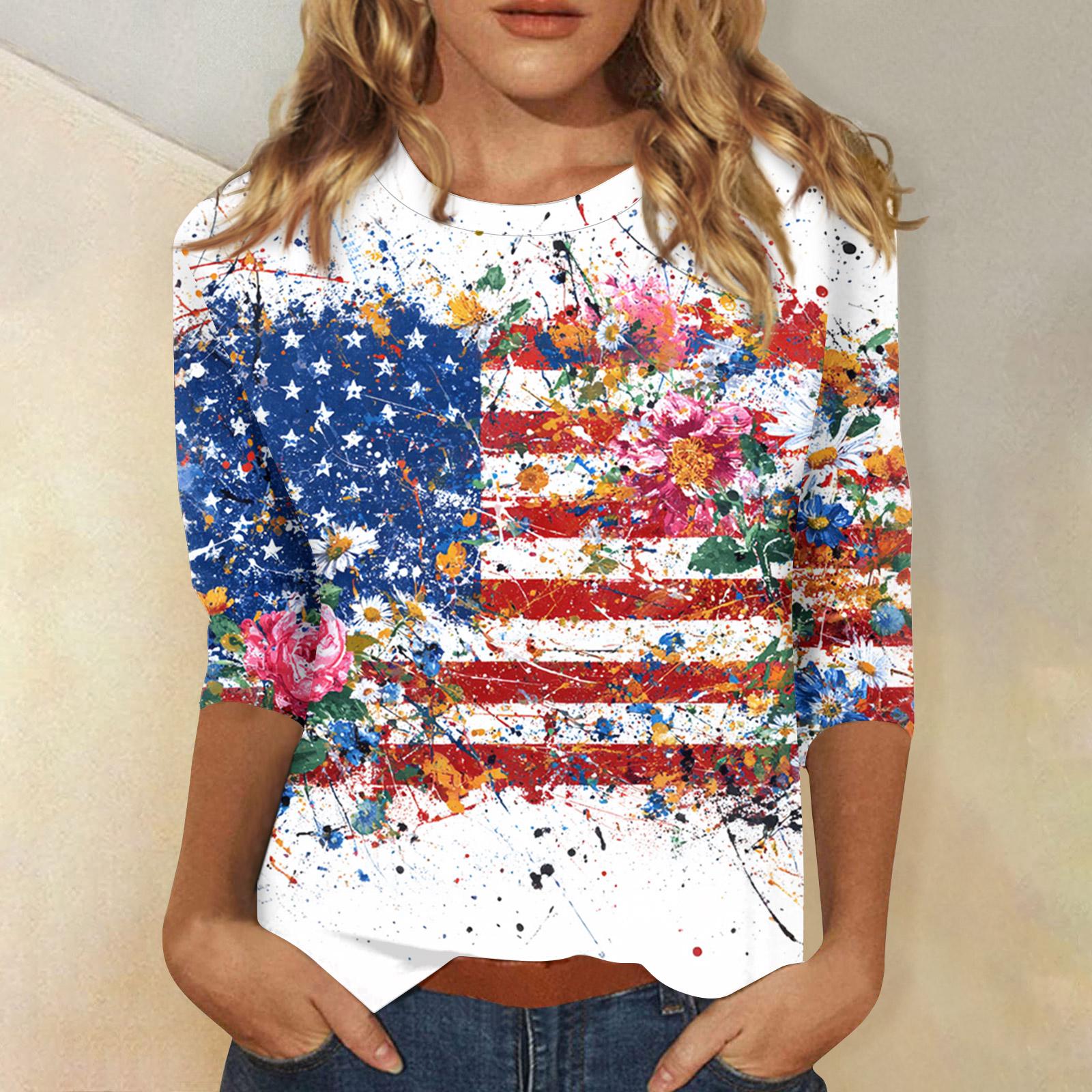 

Women s Tops Three-quarter Sleeve Shirt Round-neck Loose Casual Shirt Print T-shirt XL білий