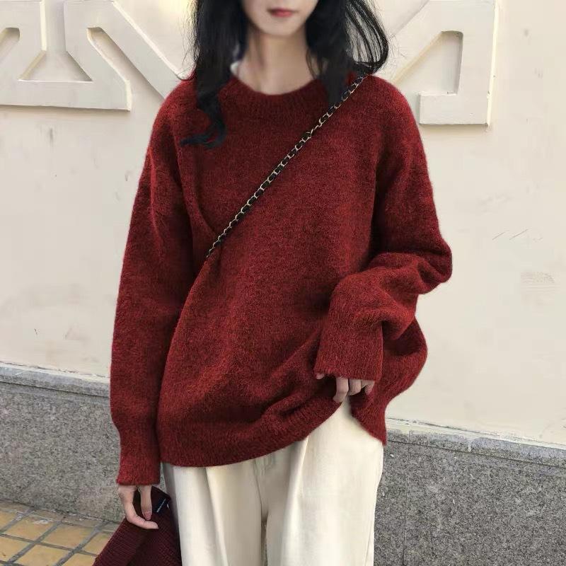 Retro Design Soft Waxy Round Neck Pullover Sweater Women's Autumn and Winter New Loose Lazy Wind Knitted Sweater Top