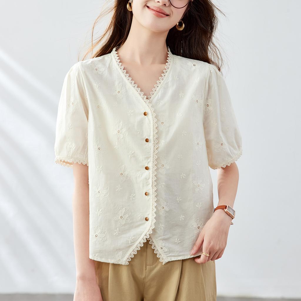 Apricot Embroidered Blouse for Women Short-sleeved Summer Updated Lace Lace V-neck Top Pure Cotton Blouse