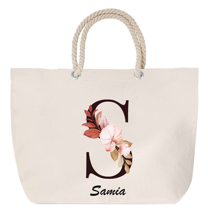 Sac de plage - PLANETEE - Samia - Anse corde - Grand format - Personnalisable Lettre Fleur