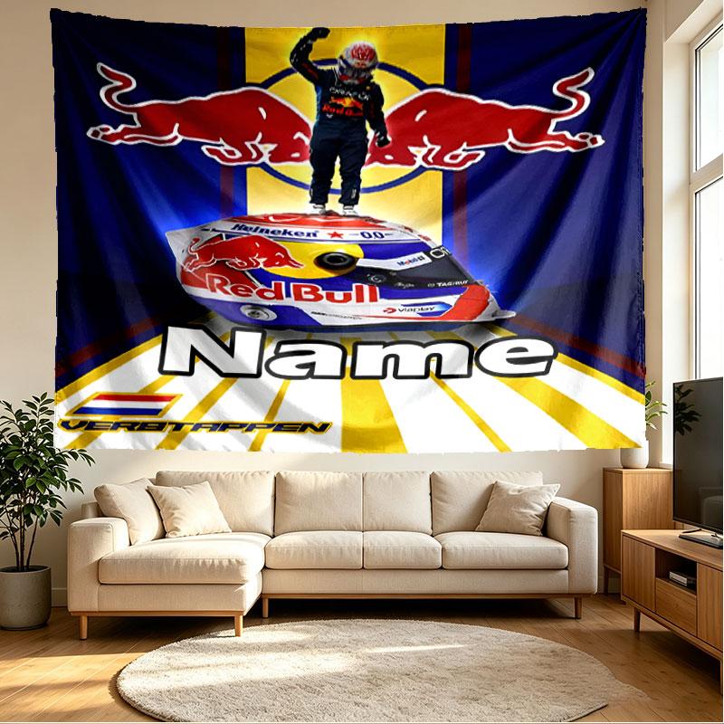 Custom Name Personalized Red Bull Racing Print Tapestry, Wall Art Decor, Bedroom, Dorm, Apartment, LivingRoom, Party Backdrop, Gift for Birthday