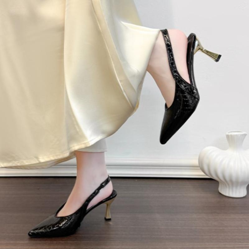Fashion Women 7cm High Heels Retro Streetwear  Sandles Lady Daily Work Slingback Strap Elastic Mid Heels Glossy Leather Sandals
