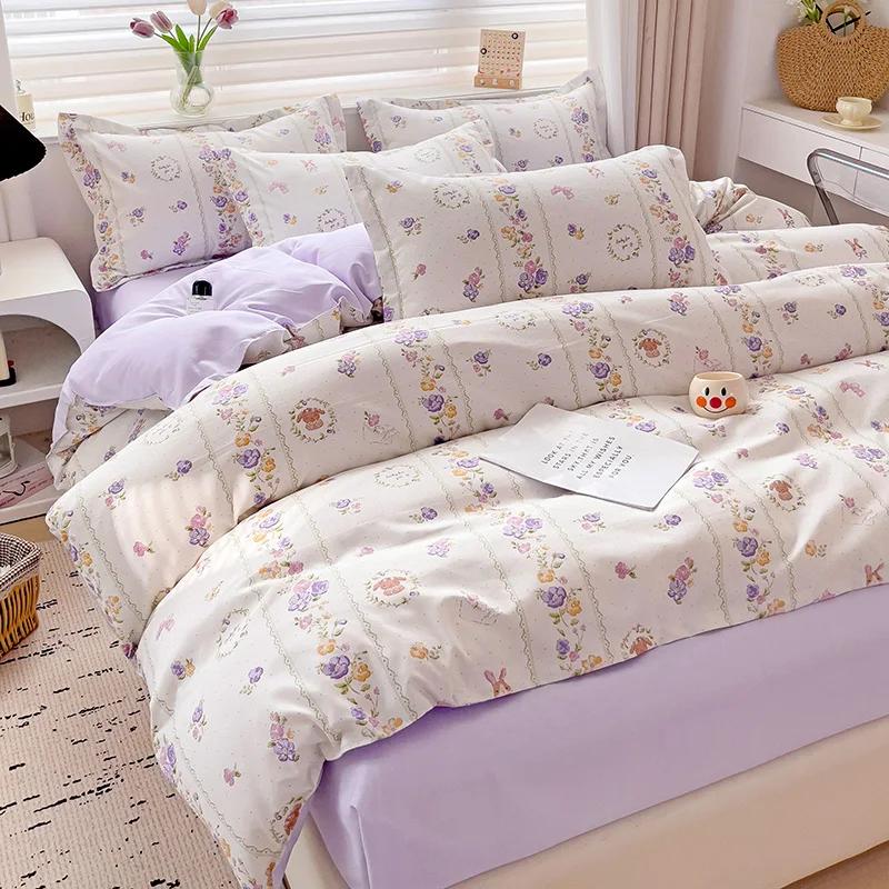 100% Cotton Bedding Set, Four Piece Sheet Set Comfort Set Girly Fresh Style Couple Bed Comforter Set