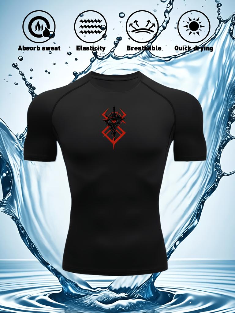 Men's Compression Shirt Quick Dry Navy Blue Gym T-Shirt Red Mystical Symbol Print Workout Sportswear