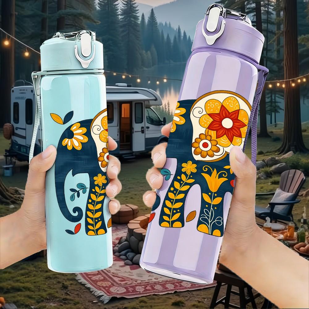 1PC Colorful Elephant Ornament Art Print 750ml Color Plastic Sports Water Bottle Leakproof Flip Straw Lid Suitable for Sports Office Home Use