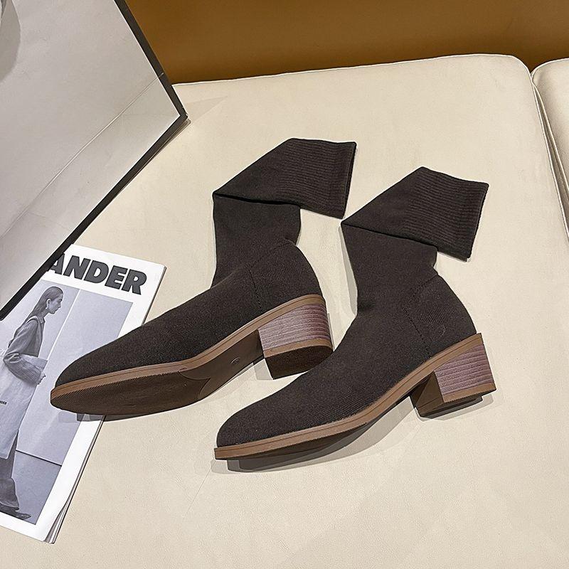 

Эластичные ботильоны-носки с острым носком для женщин весна осень средний каблук до середины икры обувь женщина тренд 2025 гару гот обувь 43