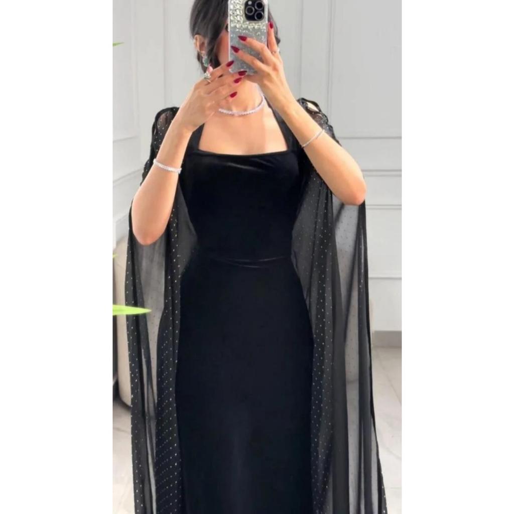 New Velvet Bodycon Batwing Sleeve Rhinestone Dress, Women's Evening Party Formal Gown for European American