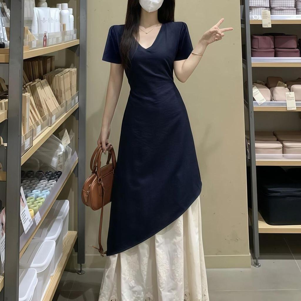 Elegant Plus Size Patchwork French Short-Sleeve Dress - Spring/Summer 2026