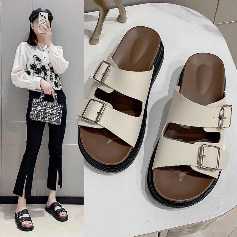 Summer Slippers Women's Outer Wear New Flat-bottomed One-character Square Buckle Thick-soled Beach Women's Shoes Cool Slippers Women's