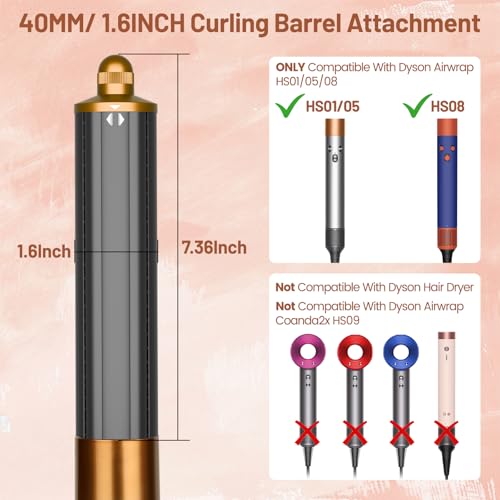 40 mm Long Curling Barrel for Dyson Airwrap HS01 HS05 - Golden Automatic Rotating Styling Attachment for Loose Curls, Hair Curler Accessory for Long