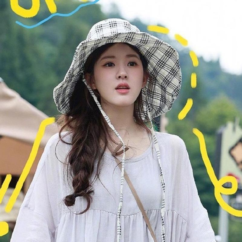 Zhao Ruth plaid bucket hat small fresh lace-up sun hat big brim summer sun protection hat women's sun hat