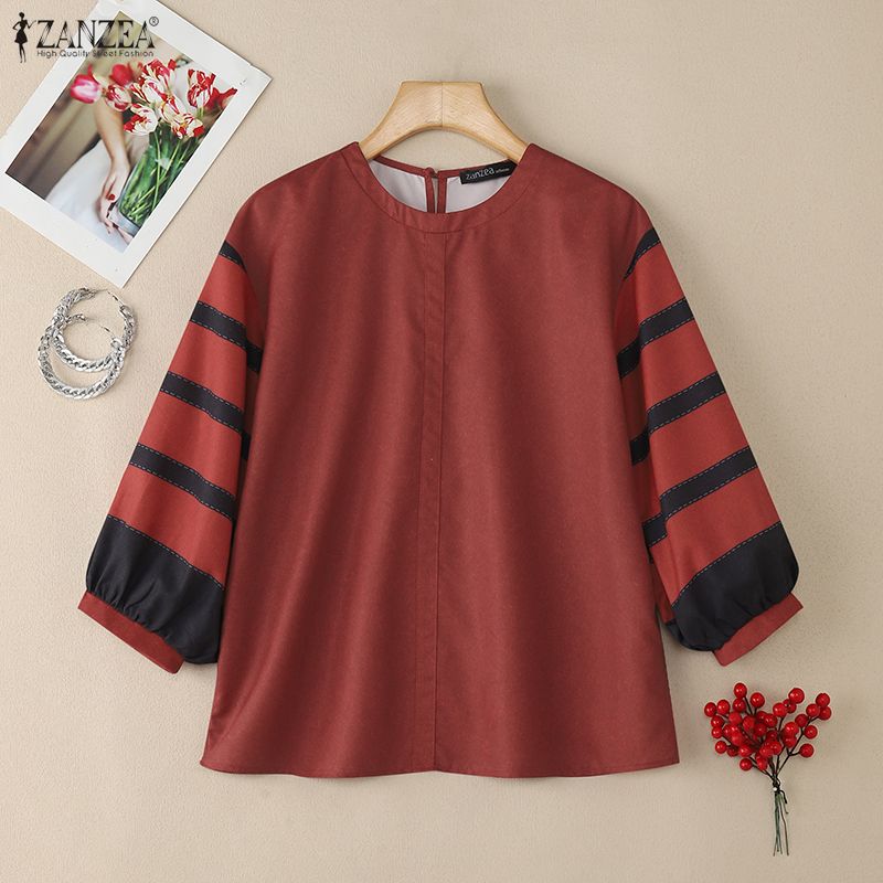 ZANZEA Women Casual Round Neck Stripe Splice 3/4 Sleeve Loose Blouse