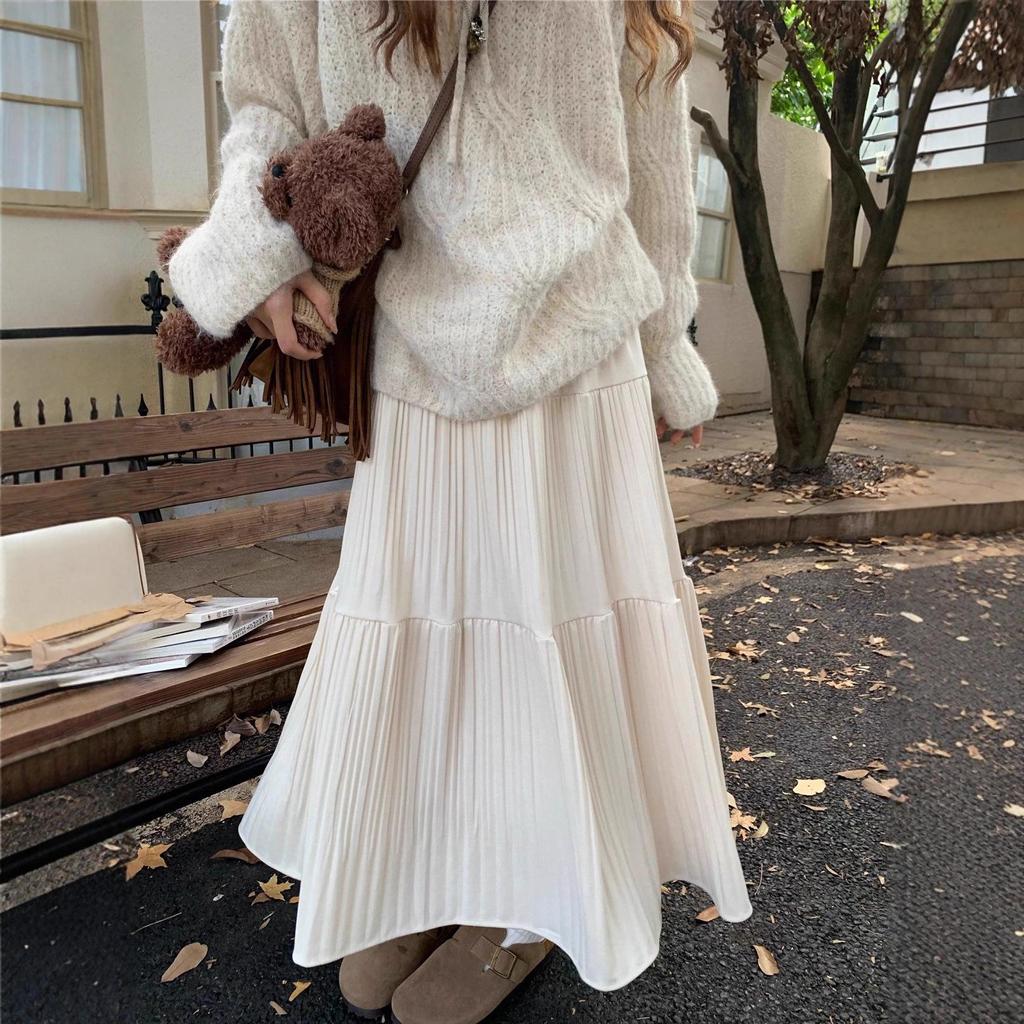 2025 High-Waist Purple Pleated Long Skirt - Gentle, All-Match Fairy Style for Early Spring