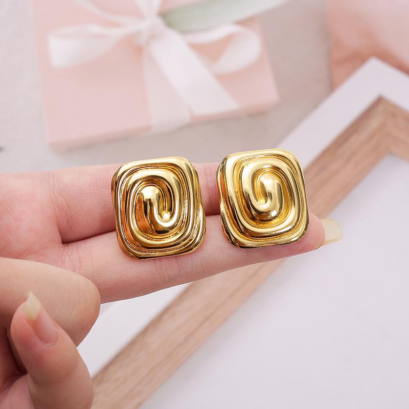 European and American INS Style Design Sense Stainless Steel Square Earrings Fashion Spiral Pattern Vortex Shape Stud Earrings
